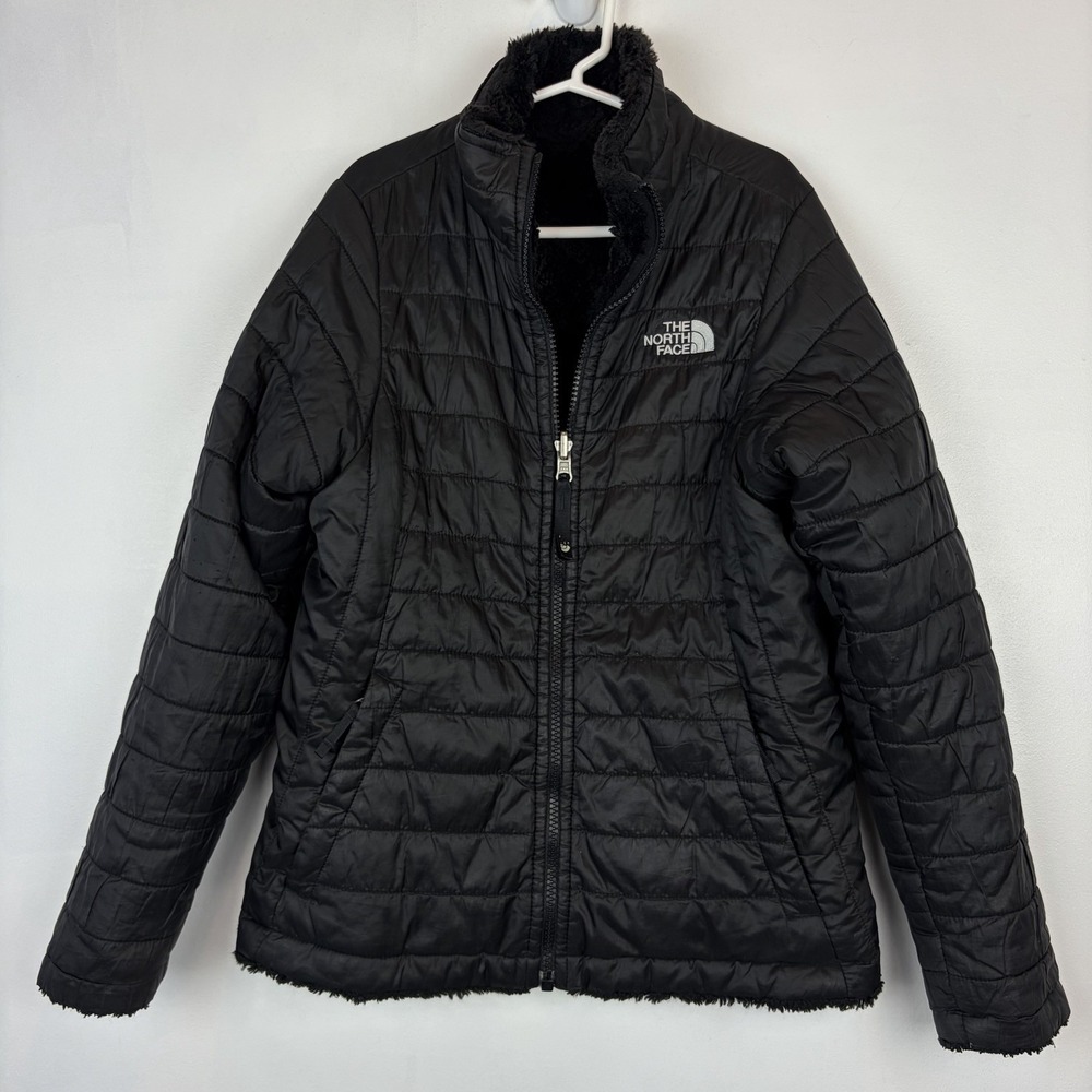 The North Face Puffer Coat Girls Medium 10 Jacket Full Zip Black Reversible Cozy